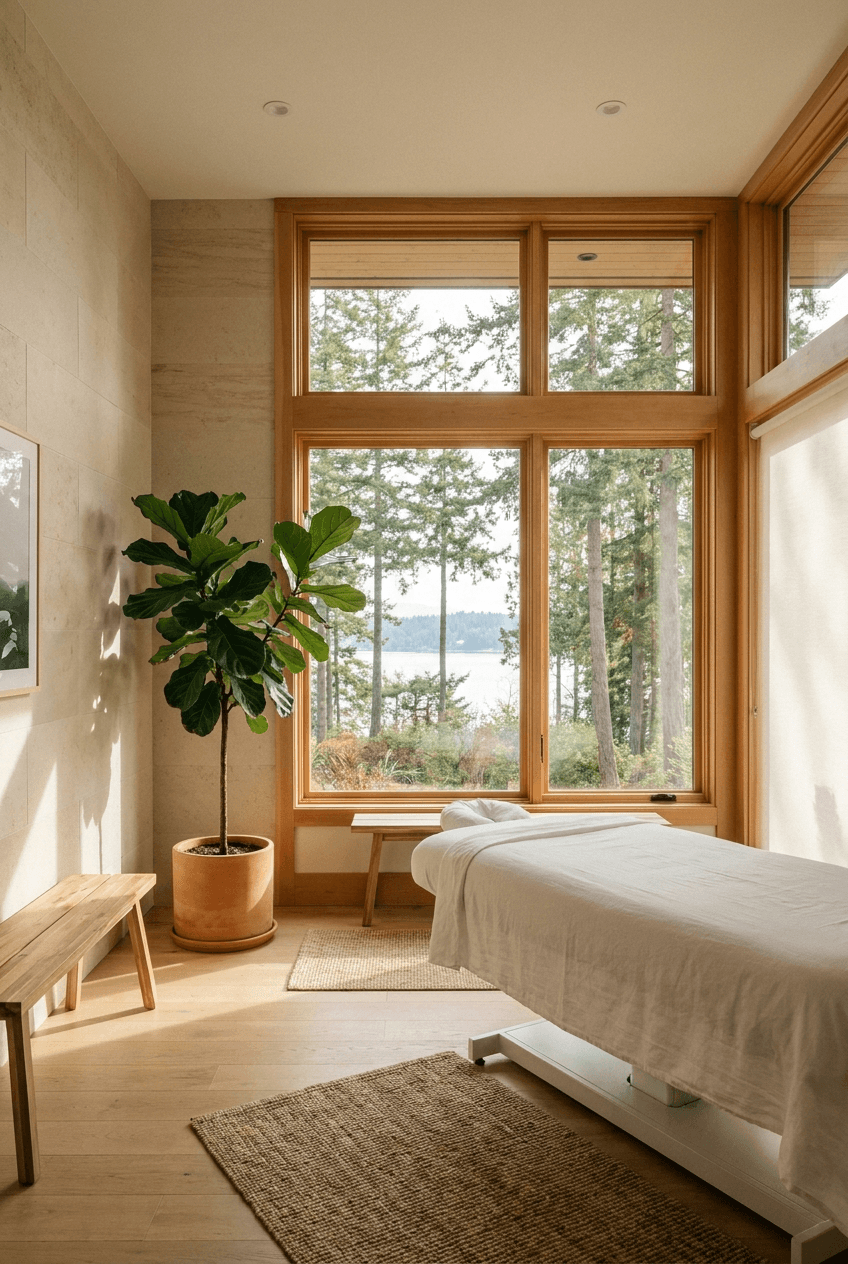 Treatment room at Azalea Physiotherapy, with daylight over the West Vancouver shoreline
